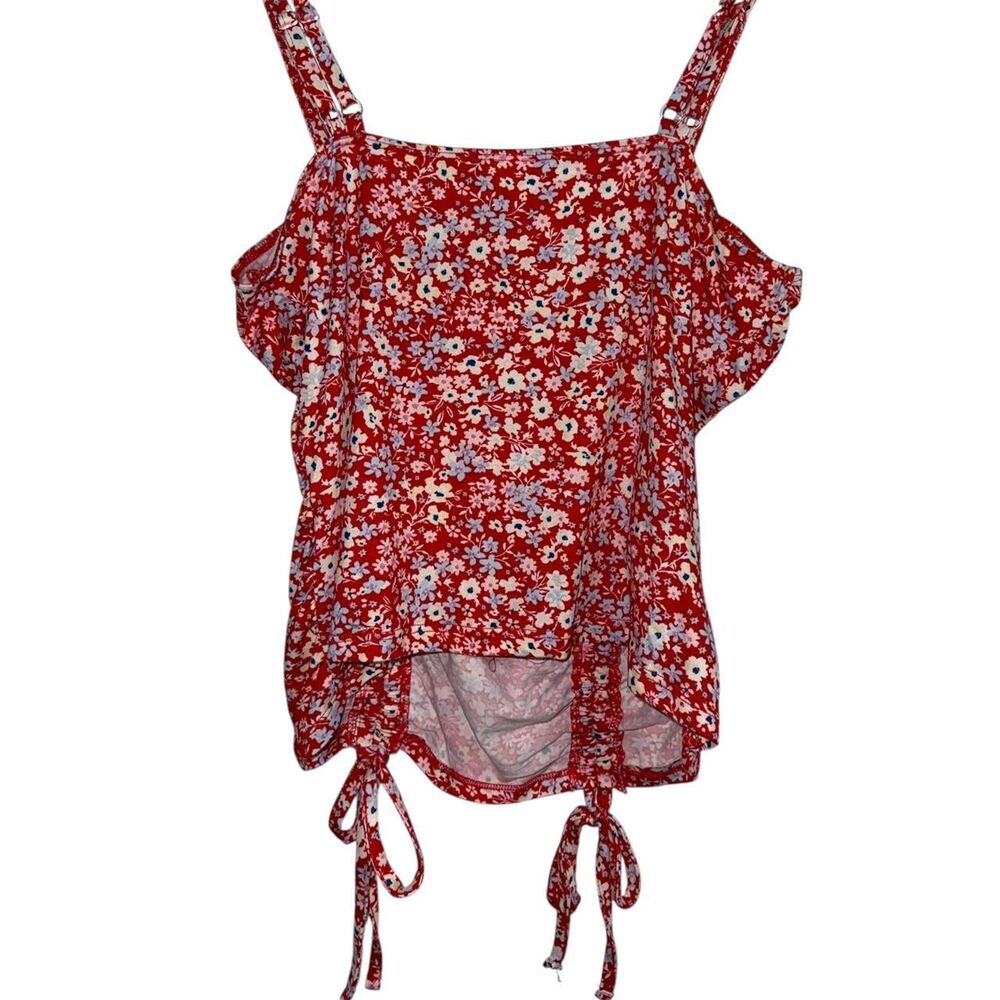 No Boundaries Red Ditsy Floral Ruched Cami Adjustable Straps Tie Front Women’s 6 - Picture 4 of 6